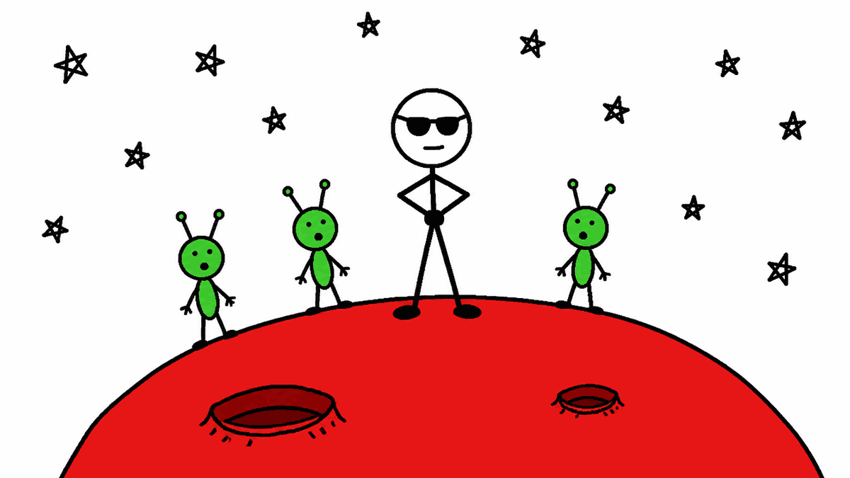 Rysunek MS Paint: agent w garniturze stoi zagubiony wśród tłumu obcych postaci, jak na obcej planecie