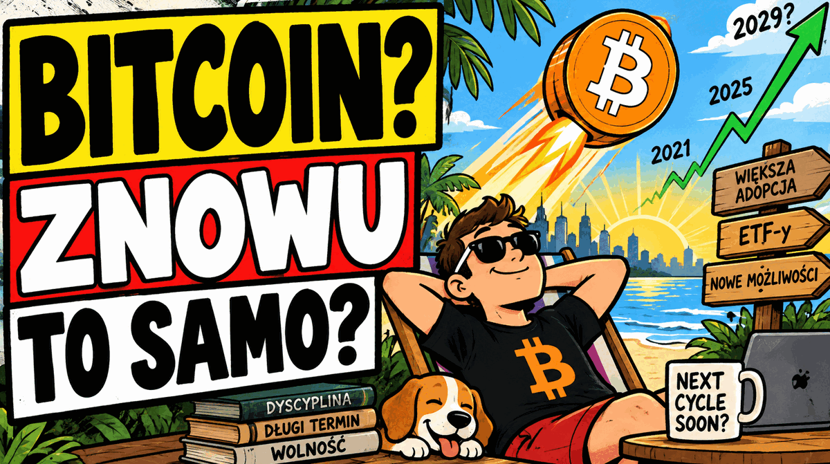 Rysunek MS Paint: człowiek na leżaku w koszulce z bitcoinem, obok bitcoin-rakieta i zielona strzałka w górę z datami 2021, 2025, 2029, napis „Bitcoin? Znowu to samo?”
