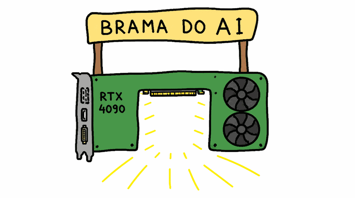 Rysunek MS Paint: karta graficzna RTX 4090 jako brama, nad nią szyld „brama do AI"