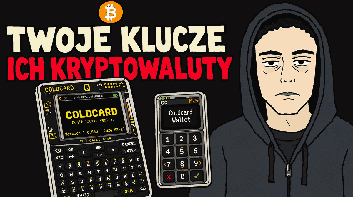 Rysunek MS Paint: dwa portfele sprzętowe Coldcard i postać w kapturze, napis „Twoje klucze, ich kryptowaluty”
