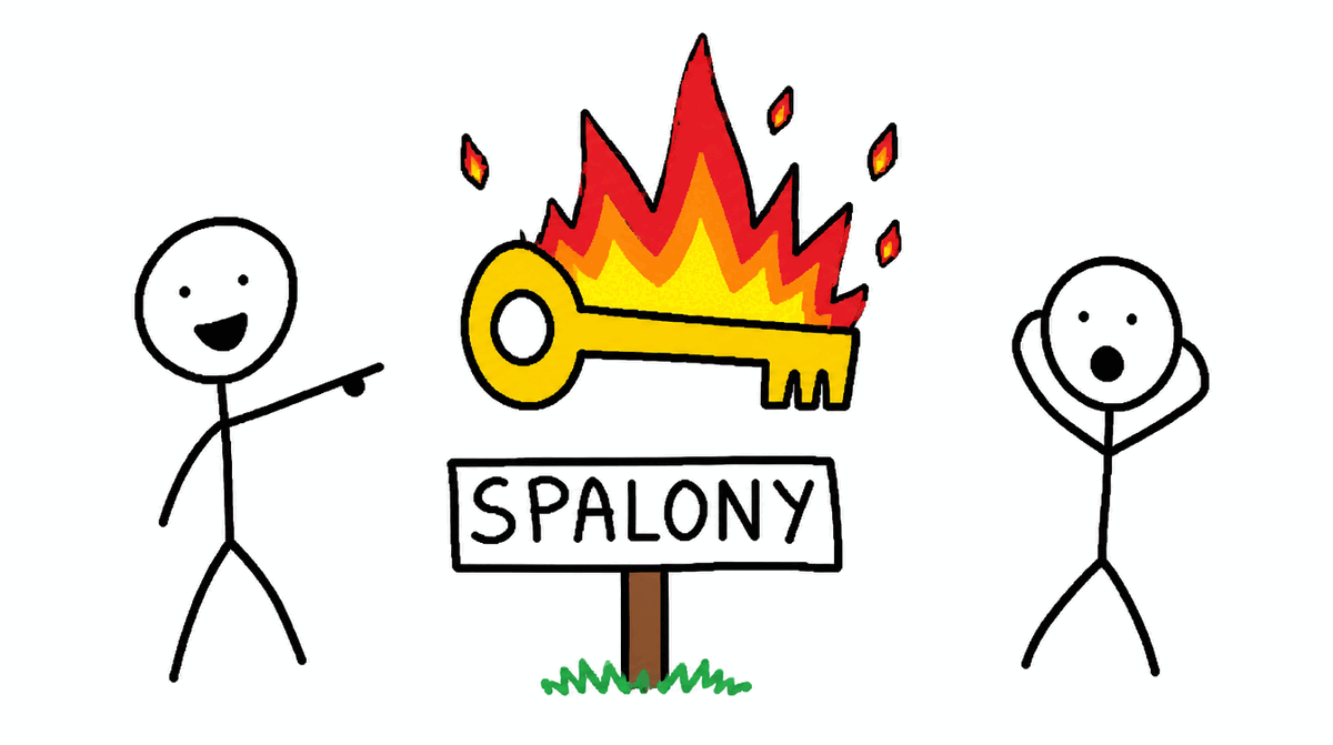 Rysunek MS Paint: ludzik wskazuje na płonący złoty klucz z tabliczką „spalony”