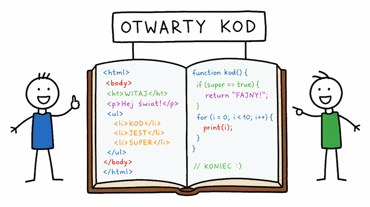 Rysunek MS Paint: dwóch ludzików przy wielkiej otwartej księdze z kodem, napis „otwarty kod”