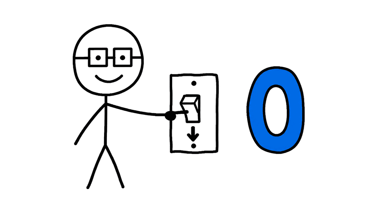 Rysunek MS Paint: ludzik przestawia przełącznik, obok wielkie niebieskie zero