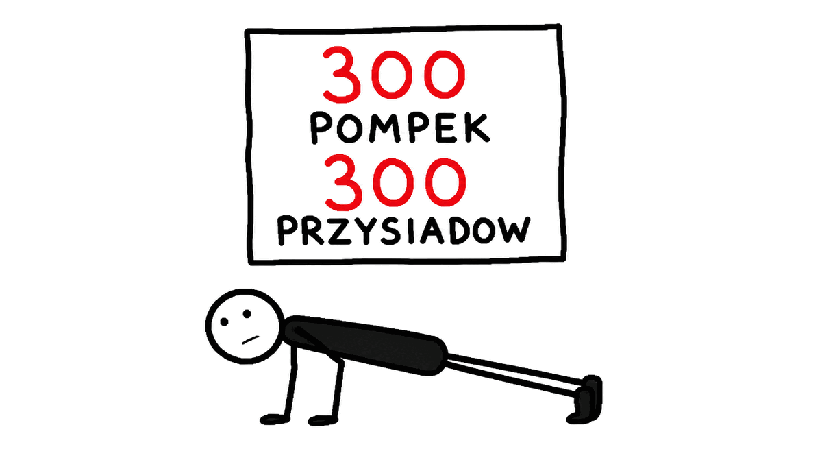 Rysunek MS Paint: tabliczka 300 POMPEK 300 PRZYSIADOW, pod nią ludzik robiący pompkę