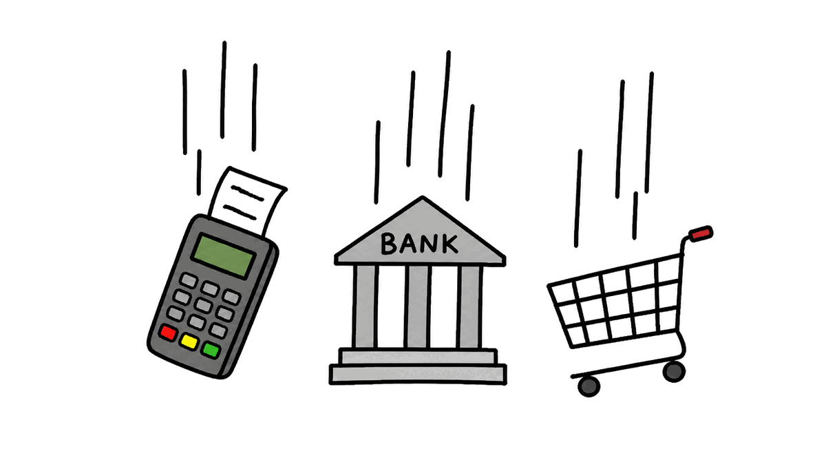 Rysunek MS Paint: spadający terminal płatniczy, budynek banku i wózek sklepowy