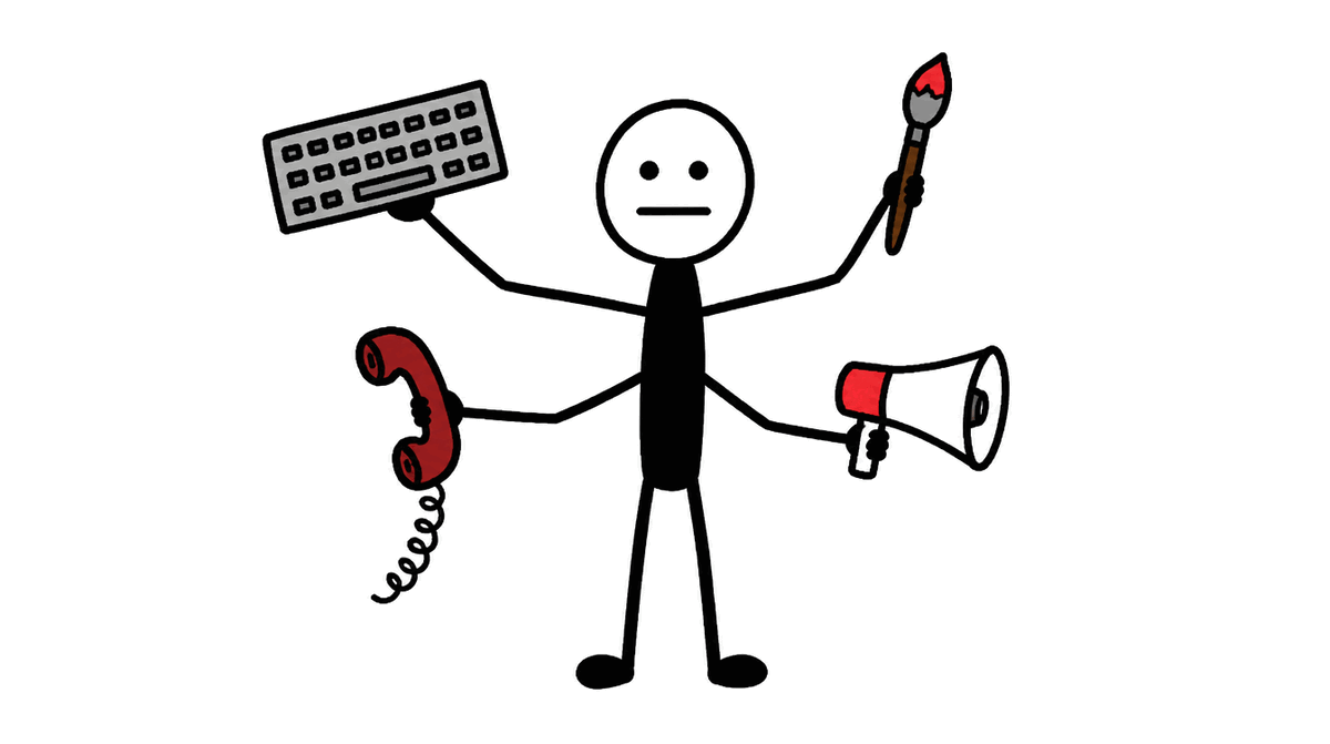Rysunek MS Paint: ludzik z czterema rękami trzyma klawiaturę, pędzel, słuchawkę telefonu i megafon