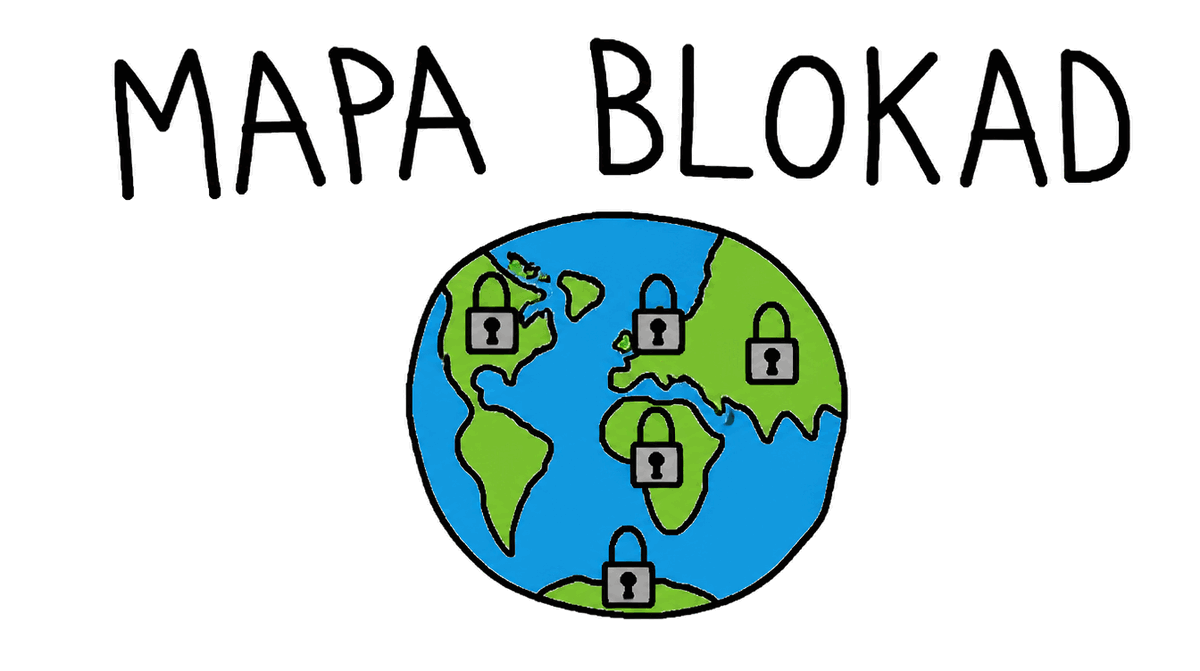 Rysunek MS Paint: globus z kłódkami na kilku kontynentach, nad nim napis MAPA BLOKAD