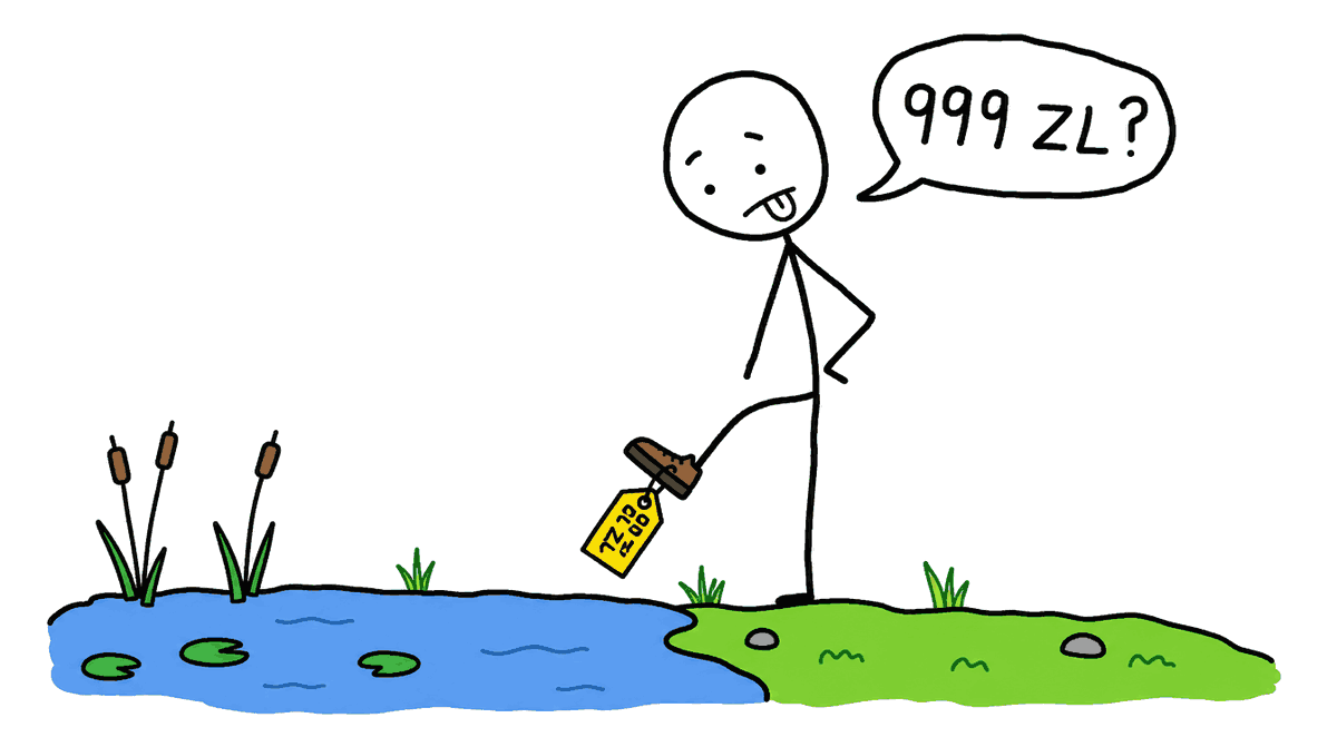 Rysunek MS Paint: ludzik stoi nad stawem, zamiast ratować patrzy na metkę buta, w dymku „999 zł?”