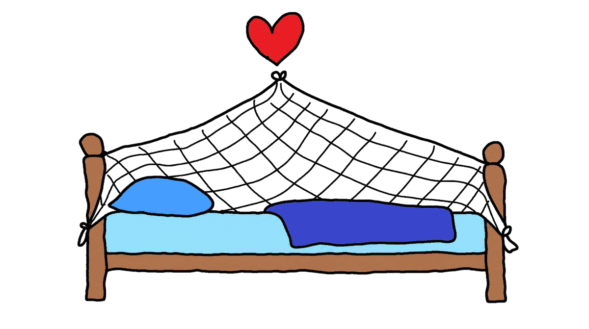 Rysunek MS Paint: drewniane łóżko z niebieską pościelą przykryte siatką moskitiery, nad nią czerwone serce