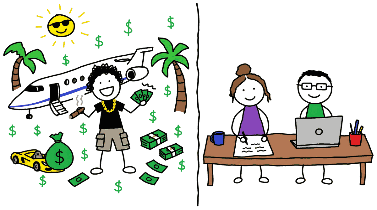 Rysunek MS Paint: po lewej SBF z odrzutowcem, palmami i latającymi banknotami, po prawej Julia i Jeff spokojnie przy biurku z laptopem