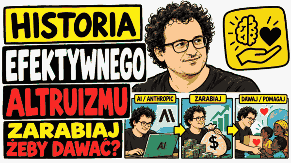 Miniatura odcinka: napis „Historia efektywnego altruizmu. Zarabiaj, żeby dawać?”, obok mężczyzna w okularach i trzy kadry: laptop z AI, worek pieniędzy, paczka dla dzieci