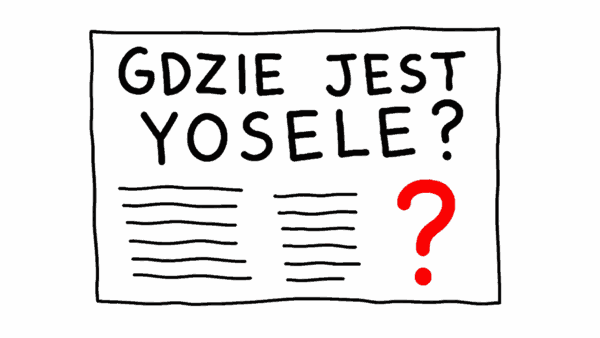 Rysunek MS Paint: gazeta z nagłówkiem „GDZIE JEST YOSELE?” i wielkim czerwonym znakiem zapytania