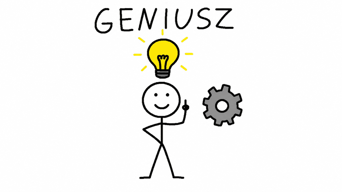 Rysunek MS Paint: uśmiechnięty ludzik z zapaloną żarówką nad głową i zębatką obok, podpis „geniusz"