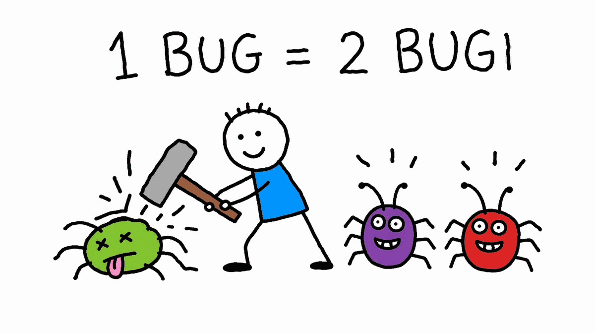 Rysunek MS Paint: programista rozgniata młotkiem jednego robaka, a za nim pojawiają się dwa nowe, napis 1 BUG = 2 BUGI