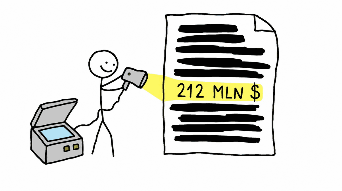 Rysunek MS Paint: ludzik prześwietla latarką zamazany dokument, spod czarnych pasków widać napis 212 MLN $