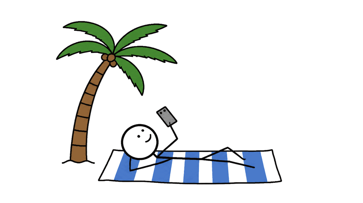 Rysunek MS Paint: ludzik odpoczywający pod palmą na plaży