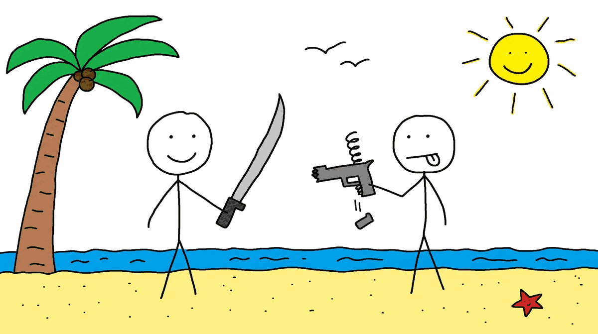 Rysunek MS Paint: na plaży pod palmą jeden ludzik trzyma maczetę, drugi zepsuty pistolet
