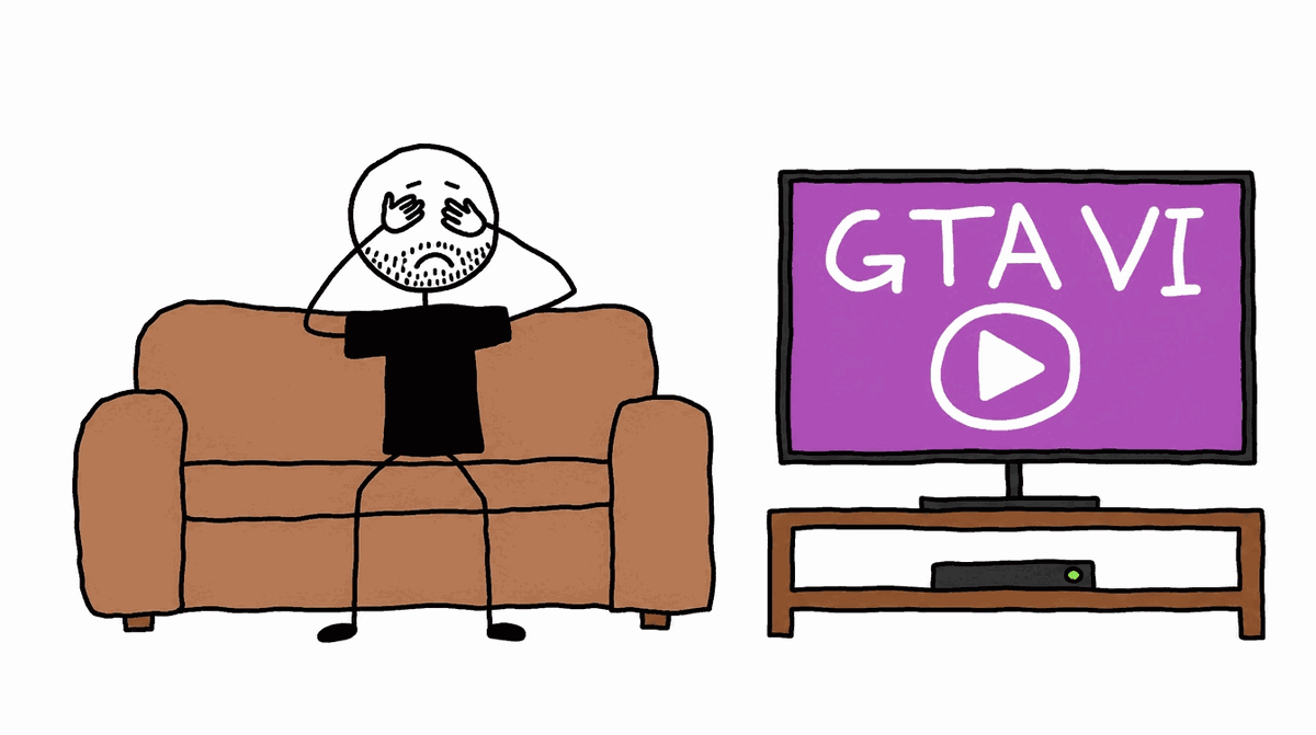 Rysunek MS Paint: łysy ludzik na kanapie zasłania oczy przed telewizorem z napisem GTA VI