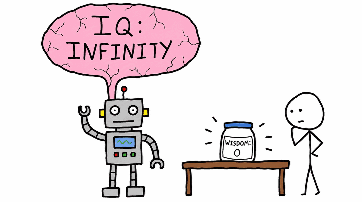 Rysunek MS Paint: robot z różowym mózgiem z napisem IQ: INFINITY, obok pusty słoik z etykietą WISDOM: 0