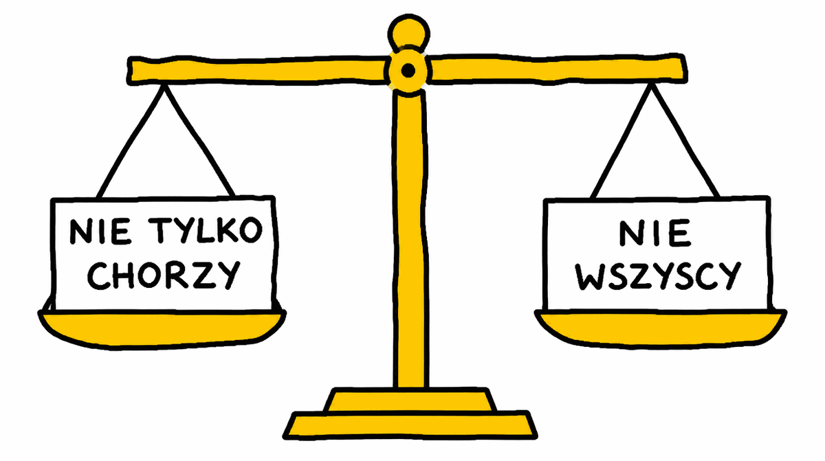 Rysunek MS Paint: żółta waga w równowadze, na szalkach NIE TYLKO CHORZY i NIE WSZYSCY