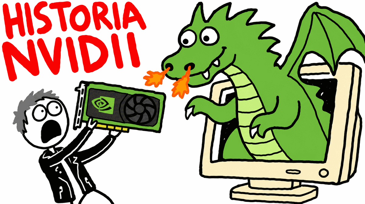 Rysunek MS Paint: człowiek w skórzanej kurtce trzyma kartę graficzną, z monitora wychodzi zielony smok