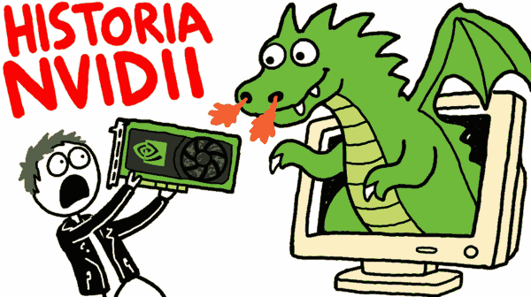 Rysunek MS Paint: człowiek w skórzanej kurtce trzyma kartę graficzną, z monitora wychodzi zielony smok