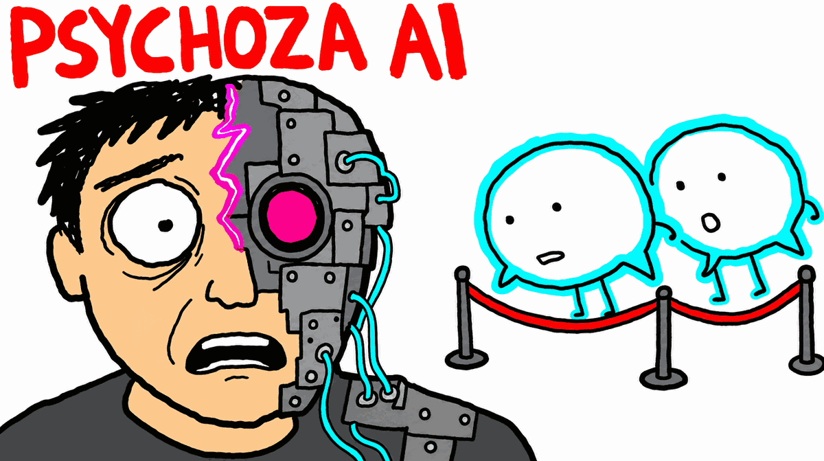 Rysunek MS Paint: przerażona twarz, której połowa jest maszyną, i napis PSYCHOZA AI