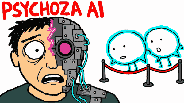 Rysunek MS Paint: przerażona twarz, której połowa jest maszyną, i napis PSYCHOZA AI