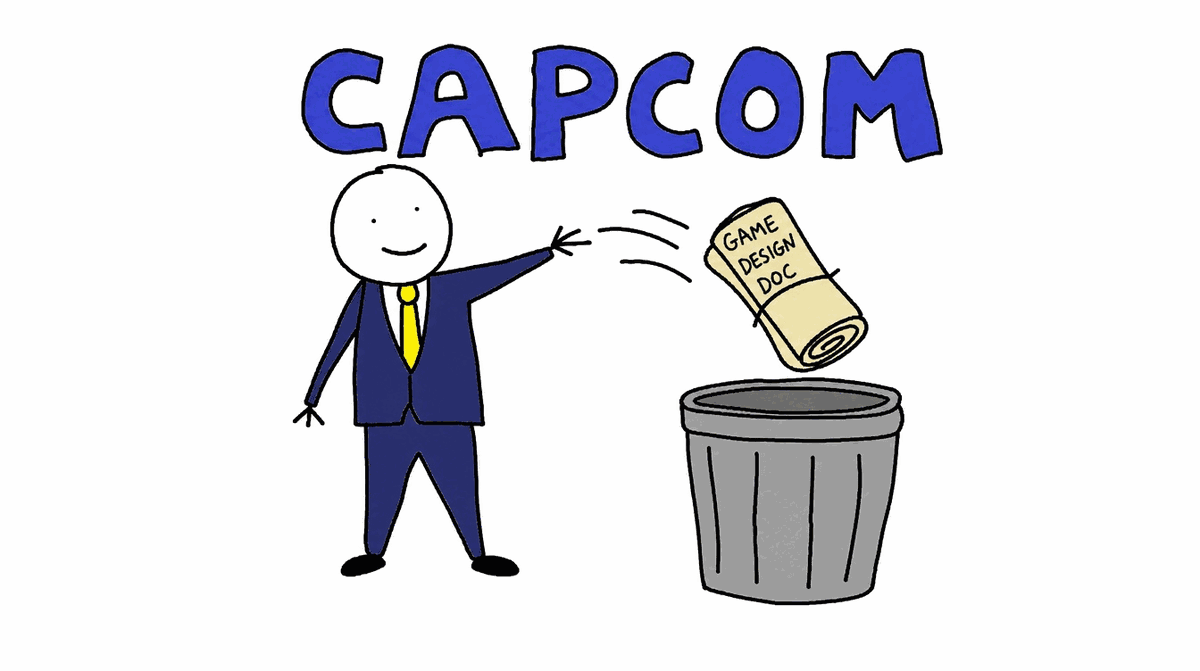 Rysunek MS Paint: człowiek w garniturze pod napisem CAPCOM wyrzuca dokument projektu gry do kosza
