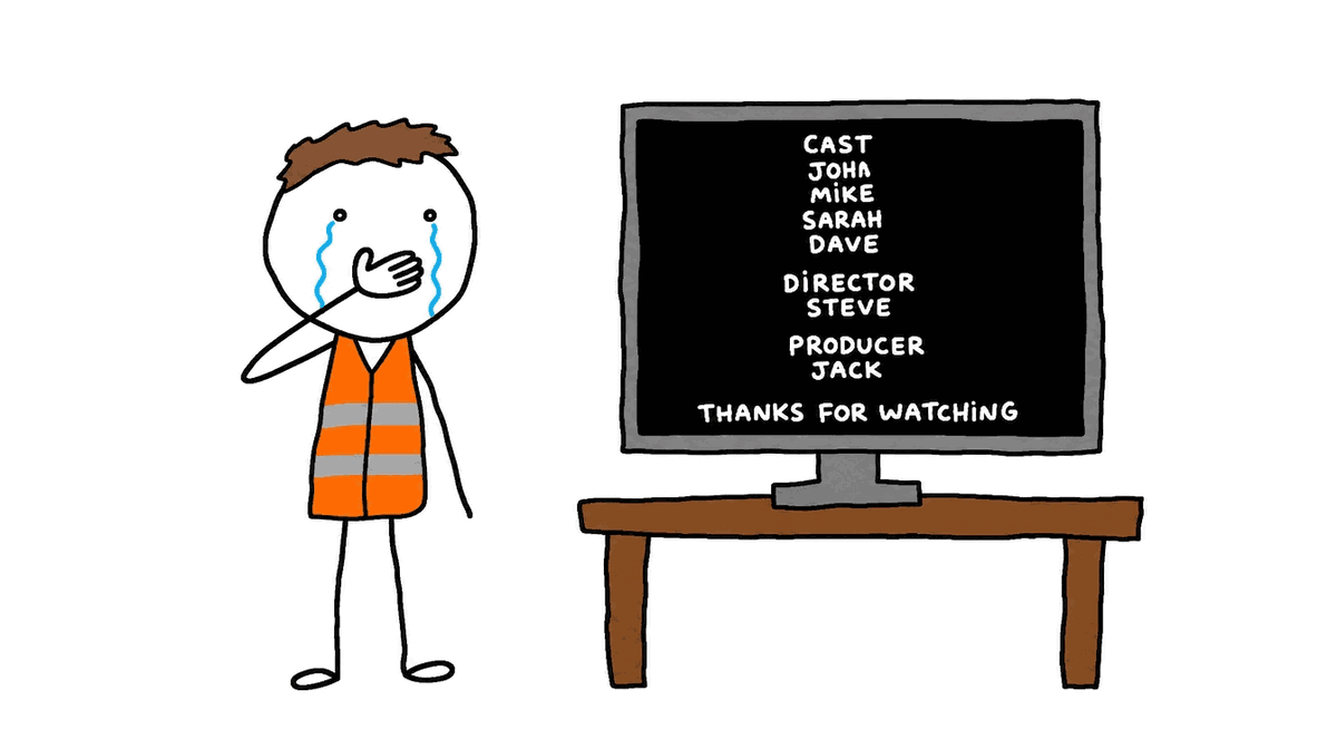 Rysunek MS Paint: mężczyzna w odblaskowej kamizelce płacze przed monitorem, na którym lecą napisy końcowe