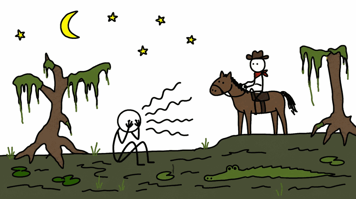 Rysunek MS Paint: nocne bagno, skulona postać płacze przy drodze, obok przejeżdża kowboj na koniu, w wodzie aligator