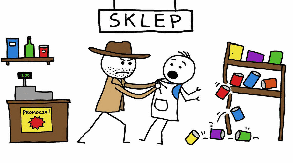 Rysunek MS Paint: kowboj w kapeluszu szarpie za fartuch przerażonego sklepikarza, z półek spadają puszki