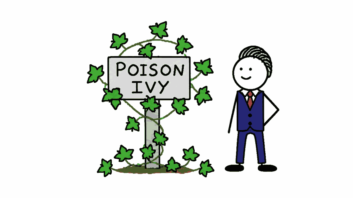 Rysunek MS Paint: tabliczka POISON IVY oplątana bluszczem, obok uśmiechnięty mężczyzna w garniturze