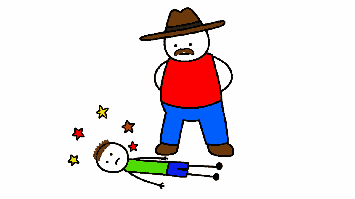 Rysunek MS Paint: brodaty mężczyzna w kapeluszu cofa ręce, a chłopiec spada na podłogę