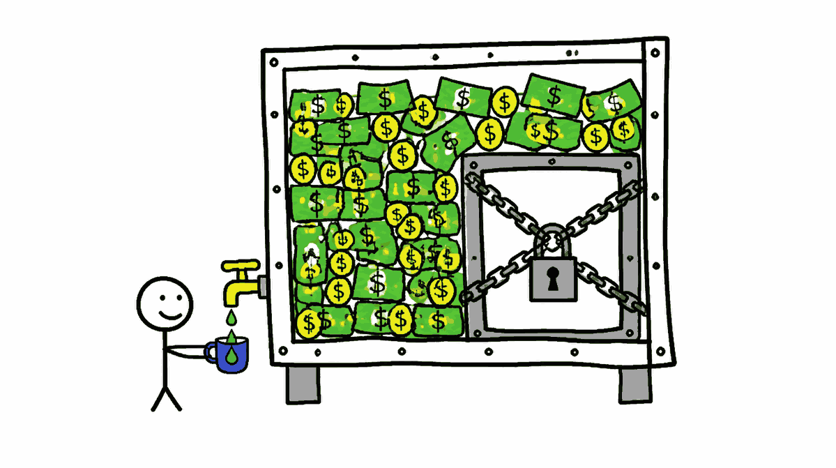Rysunek MS Paint: wielki sejf pełen pieniędzy, zamknięty na łańcuch z kłódką, z boku mały kranik, z którego korzysta postać