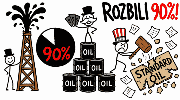 Rysunek MS Paint: wieża wiertnicza, wykres 90%, Rockefeller na stosie beczek z ropą i Wuj Sam rozbijający młotem szyld Standard Oil