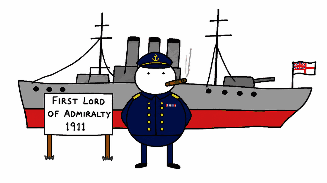 Rysunek MS Paint: stick figure w mundurze admiralskim z cygarem na tle okrętu wojennego, tabliczka „First Lord of Admiralty 1911"