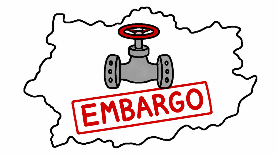 Rysunek MS Paint: zawór z napisem EMBARGO na tle konturu kraju