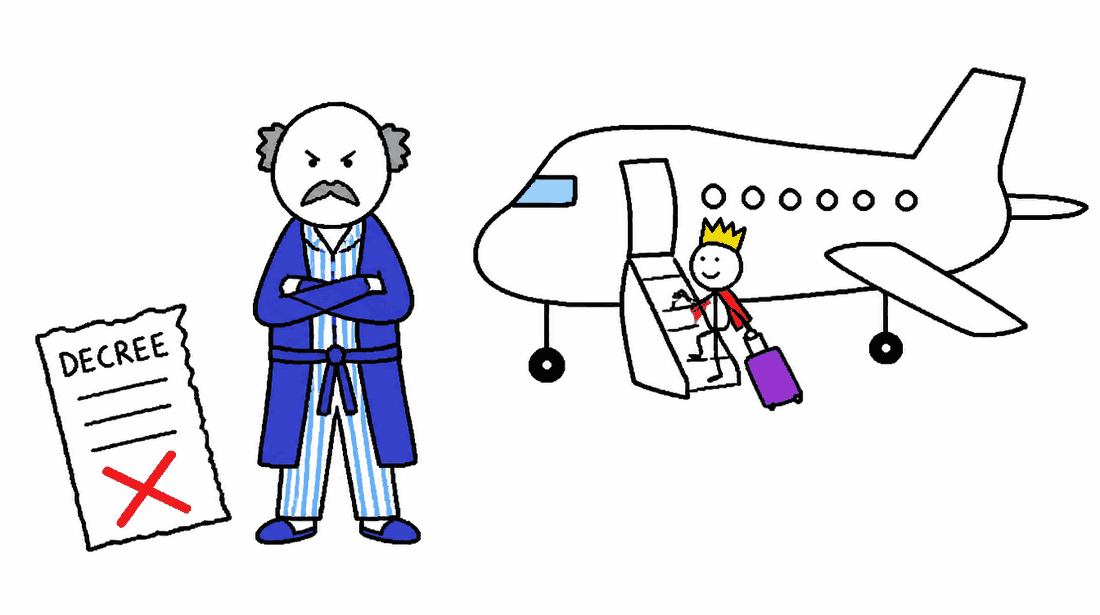 Rysunek MS Paint: rozgniewany mężczyzna w piżamie odrzuca dekret ze skreśloną kartką, obok szach z koroną wsiada po schodkach do samolotu