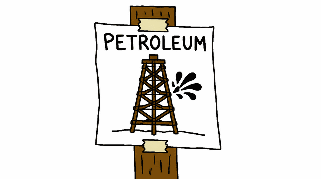Rysunek MS Paint: przybita do słupa kartka z napisem PETROLEUM, rysunkiem wieży wiertniczej i tryskającą ropą