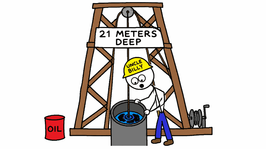 Rysunek MS Paint: robotnik w kasku Uncle Billy zagląda do szybu naftowego oznaczonego „21 meters deep", obok beczka OIL