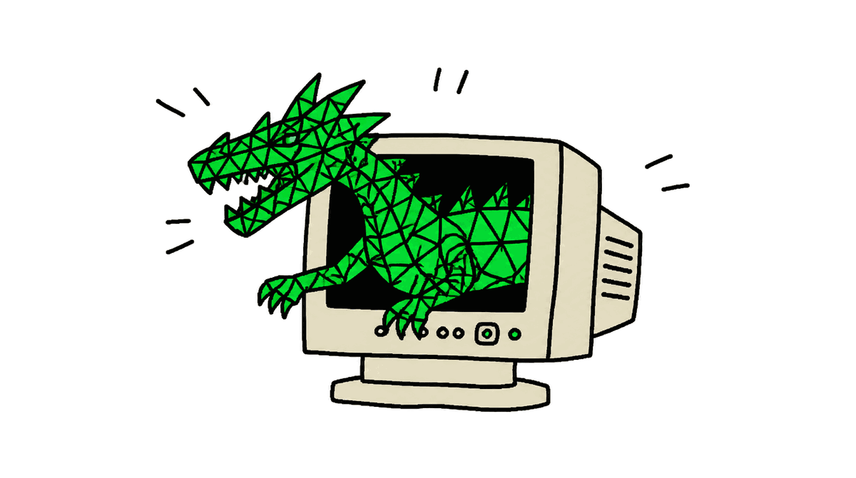 Rysunek MS Paint: zielony smok złożony z trójkątów wychodzi ze starego monitora CRT