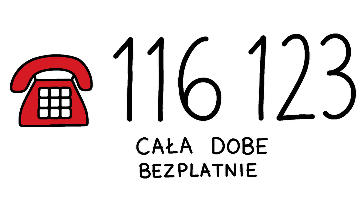 Rysunek MS Paint: czerwony telefon i wielki numer 116 123, pod spodem CAŁĄ DOBĘ BEZPŁATNIE