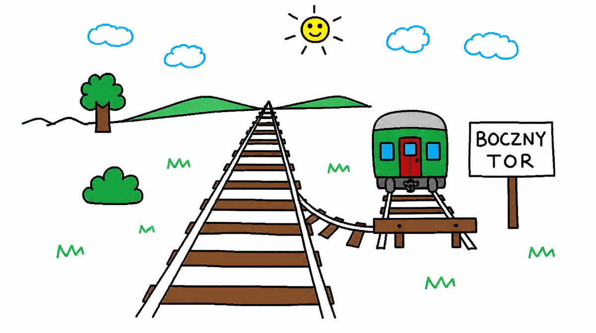 Rysunek MS Paint: tory kolejowe, wagonik odstawiony na bok i tabliczka „boczny tor"