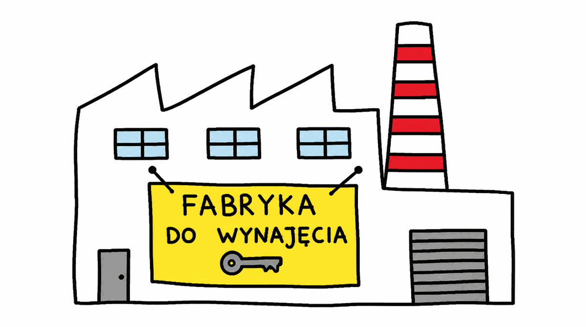 Rysunek MS Paint: fabryka z żółtym szyldem „fabryka do wynajęcia" i kluczem
