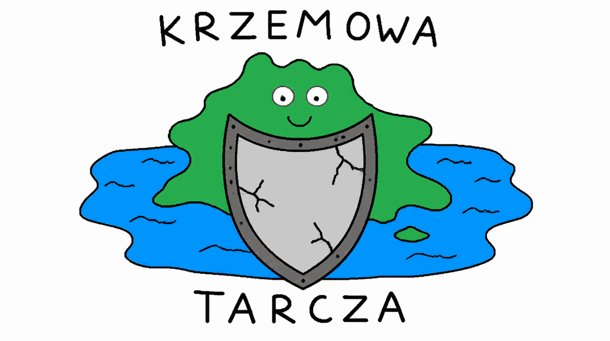 Rysunek MS Paint: zielona wyspa trzymająca wielką tarczę, podpis „krzemowa tarcza"