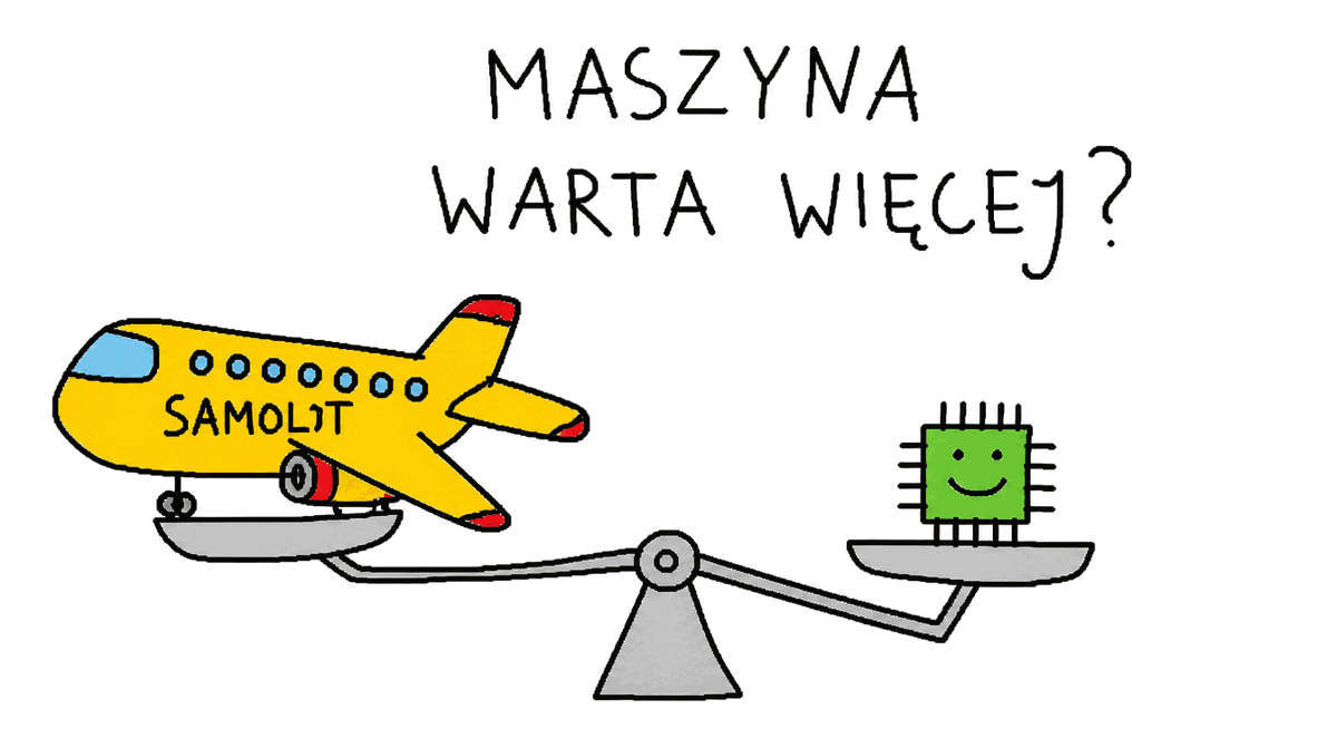 Rysunek MS Paint: waga, na jednej szalce samolot, na drugiej uśmiechnięty czip, podpis „maszyna warta więcej?"