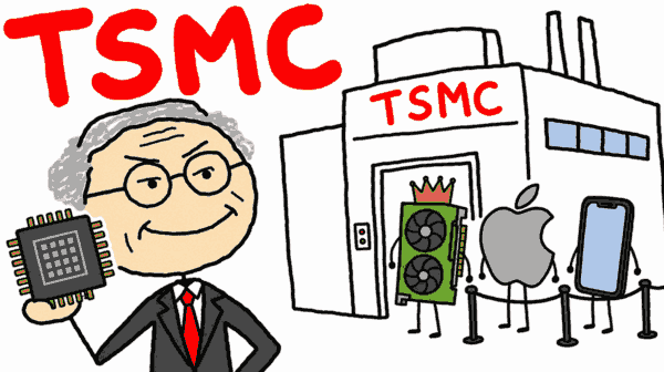 Rysunek MS Paint: starszy pan w garniturze trzyma czip, obok fabryka TSMC, a do wejścia ustawili się w kolejce karta graficzna, logo Apple i smartfon