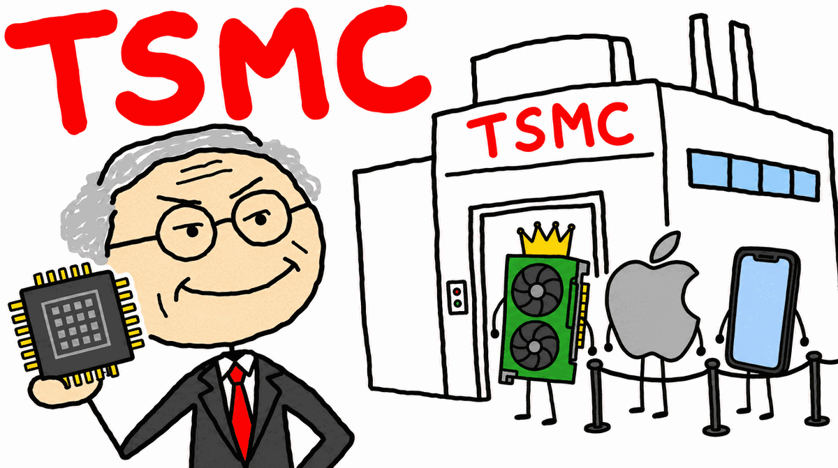 Rysunek MS Paint: starszy pan w garniturze trzyma czip, obok fabryka TSMC, a do wejścia ustawili się w kolejce karta graficzna, logo Apple i smartfon