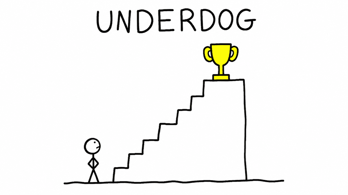 Rysunek MS Paint: ludzik u stóp wysokich schodów, na szczycie których stoi złote trofeum, napis „underdog"